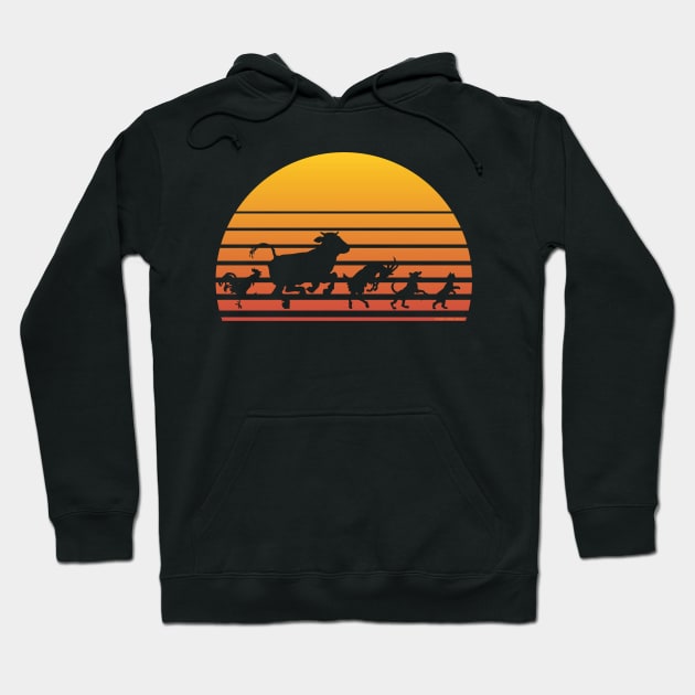 Retro Sunset Dancing Animals Chicken Cow Goat Dog and Cat Hoodie by Dibble Dabble Designs